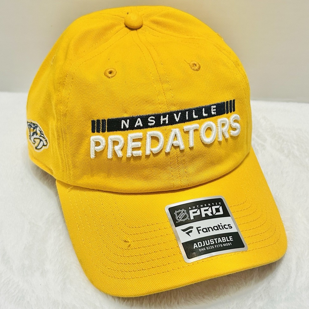 Fanatics Nashville Predators Script Patch Hat Cap Adjustable Strap Yellow NHL